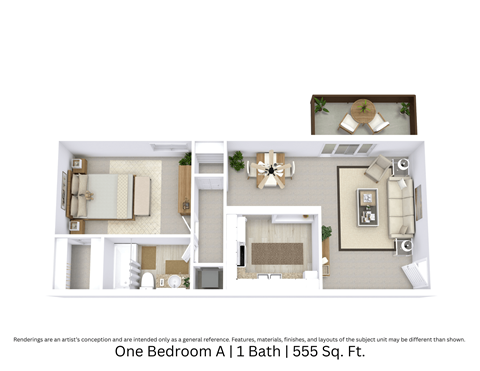 Floor plan for 1 bed, 1 bath, 555 sqft